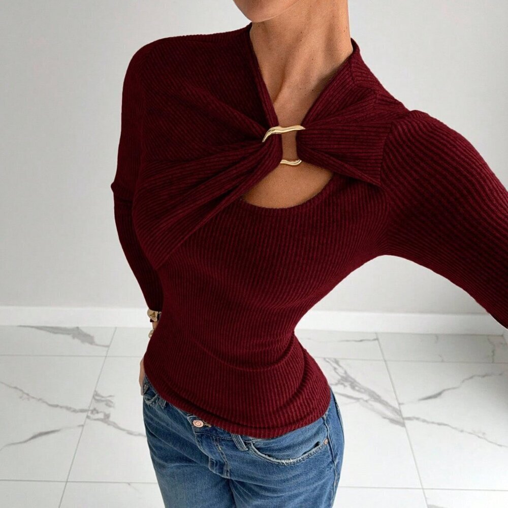 Burgundy Casual Women's Asymmetric Soft Long Sleeve T-Shirt - Picture 3 of 5